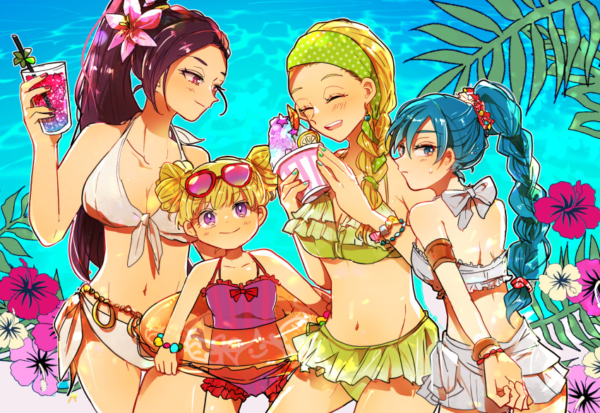 4girls alternate_costume alternate_hairstyle beach bikini black_hair blonde_hair blue_eyes blue_hair blush bracelet braid collarbone cowboy_shot cup double_bun dragon_quest dragon_quest_xi drink drinking_straw earrings eyewear_on_head flower frilled_bikini frilled_swimsuit frills glass hair_flower hair_ornament hair_up hairband halter_top halterneck high_ponytail highres holding holding_cup innertube jewelry long_hair looking_at_another looking_at_viewer looking_back martina_(dq11) maya_(dq11) midriff multiple_girls navel ocean one-piece_swimsuit scrunchie senya_(dq11) shaved_ice side-tie_bikini single_braid sunglasses sweatdrop swimsuit veronica_(dq11) violet_eyes water