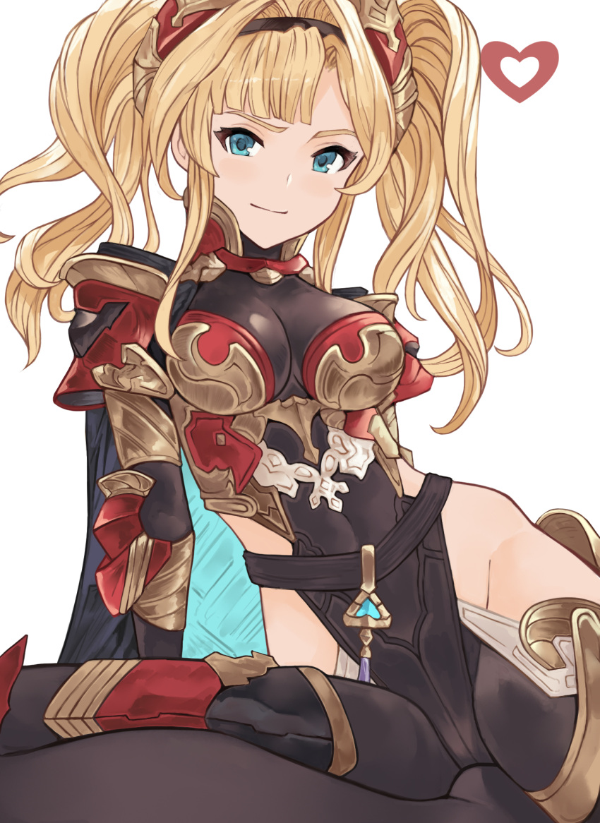 1girl bangs blonde_hair blue_eyes blush bodysuit breasts granblue_fantasy hair_intakes hairband highres hip_vent iiros large_breasts long_hair looking_at_viewer red_armor sidelocks simple_background smile thighs twintails zeta_(granblue_fantasy)