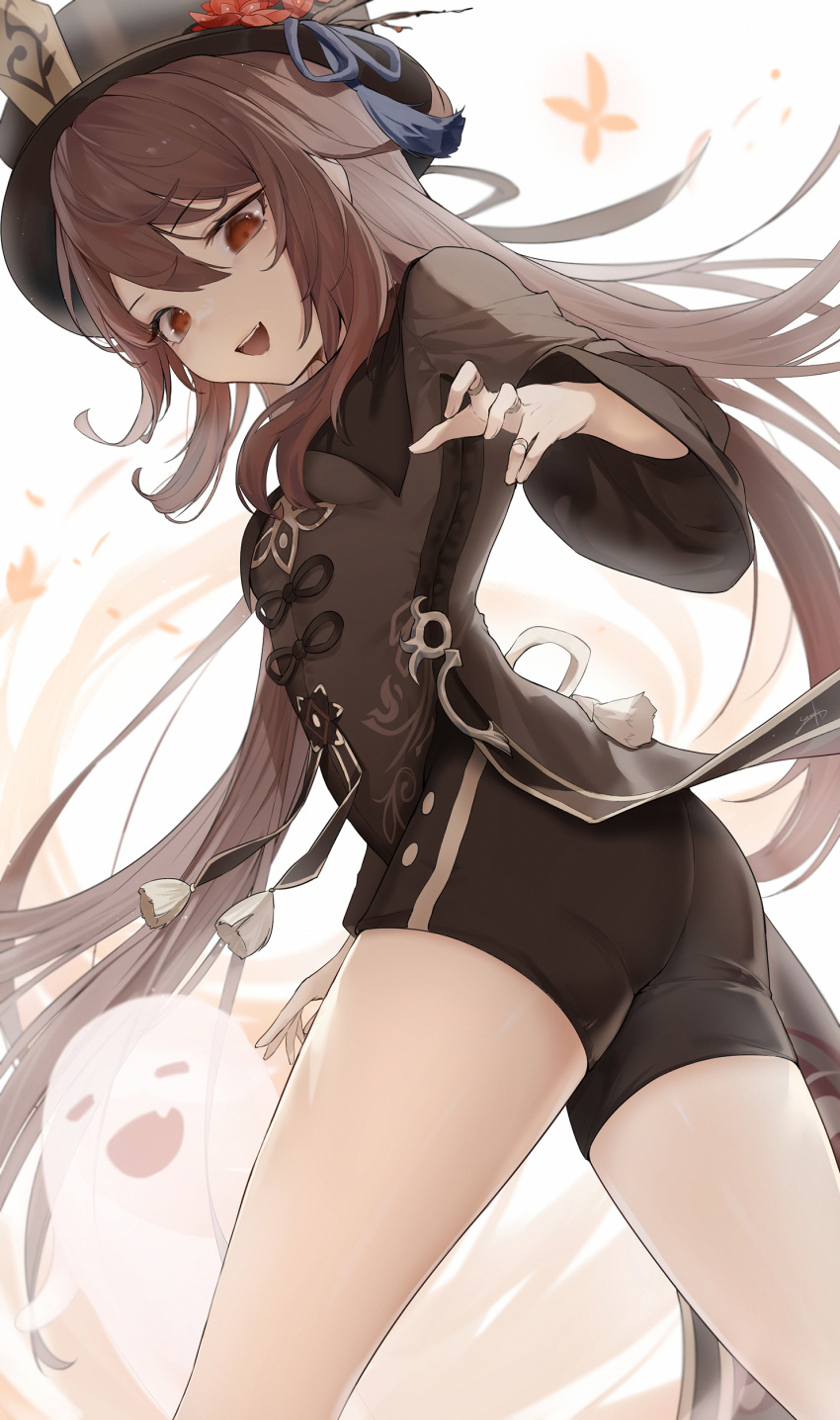 1girl :d absurdres ass black_headwear black_shorts brown_hair closed_eyes fang genshin_impact ghost half-closed_eyes happy hat highres hu_tao jewelry long_hair long_sleeves looking_at_viewer open_mouth red_eyes ring short_shorts shorts smile snozaki solo tailcoat twintails wide_sleeves wind wind_lift