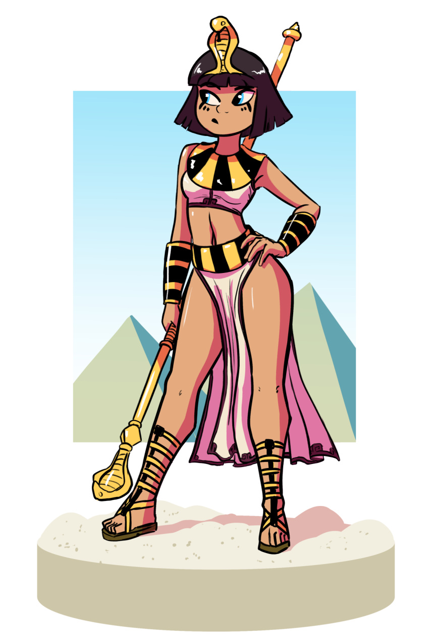 1girl airi_(siebe_wierdsma) bare_legs black_hair blue_eyes egyptian egyptian_clothes gladiator_sandals hand_on_hip highres holding holding_scepter looking_to_the_side midriff original pelvic_curtain sand sandals scepter short_hair siebe_wierdsma solo standing