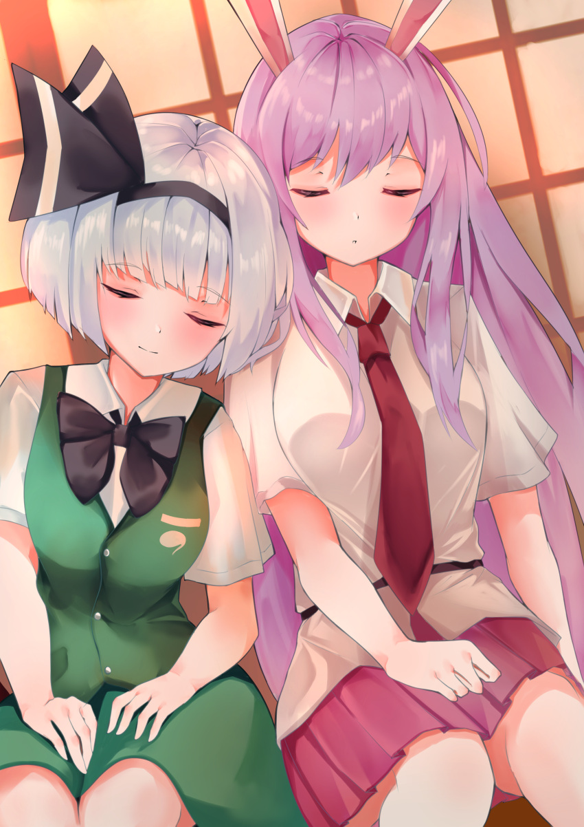 258n 2girls absurdres animal_ears bangs belt black_neckwear bow bowtie breasts commentary dutch_angle green_skirt green_vest hair_ribbon hands_on_lap head_tilt highres konpaku_youmu leaning_on_person long_hair multiple_girls necktie pleated_skirt purple_hair purple_skirt rabbit_ears red_neckwear reisen_udongein_inaba ribbon shirt short_hair short_sleeves silver_hair sitting skirt sleeping small_breasts touhou untucked_shirt very_long_hair vest white_shirt