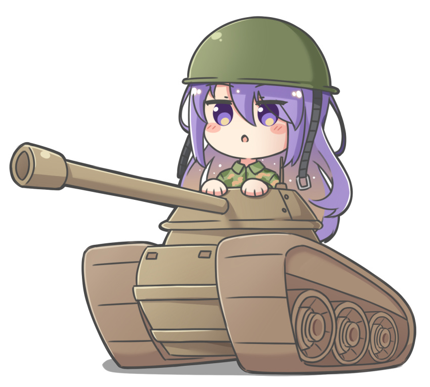 1girl :o bangs blush_stickers brown_hair camouflage camouflage_shirt chibi collared_shirt dress_shirt eyebrows_visible_through_hair full_body gradient_hair green_shirt ground_vehicle hair_between_eyes helmet highres hololive hololive_indonesia long_hair military military_vehicle moona_hoshinova motor_vehicle multicolored_hair parted_lips purple_hair rutorifuki shirt simple_background solo tank very_long_hair violet_eyes virtual_youtuber white_background