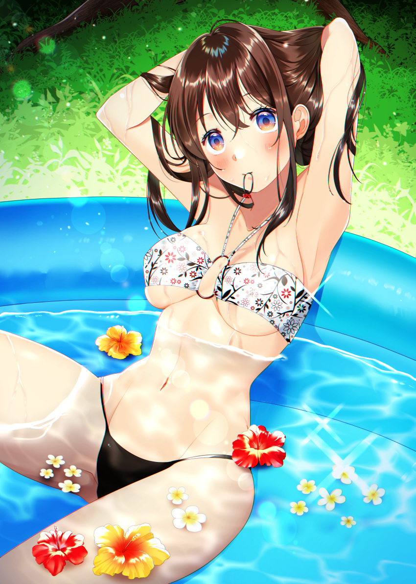 1girl absurdres armpits arms_behind_head arms_up bandeau bangs bikini blush breasts brown_hair caustics chromatic_aberration day floral_print flower grass hair_tie hair_tie_in_mouth halterneck hibiscus highres hitsuji_kumo knee_up lens_flare long_hair looking_at_viewer medium_breasts moe2021 mouth_hold navel o-ring o-ring_top original outdoors partially_submerged reclining sidelocks swimsuit tying_hair under_boob violet_eyes wading_pool water wet