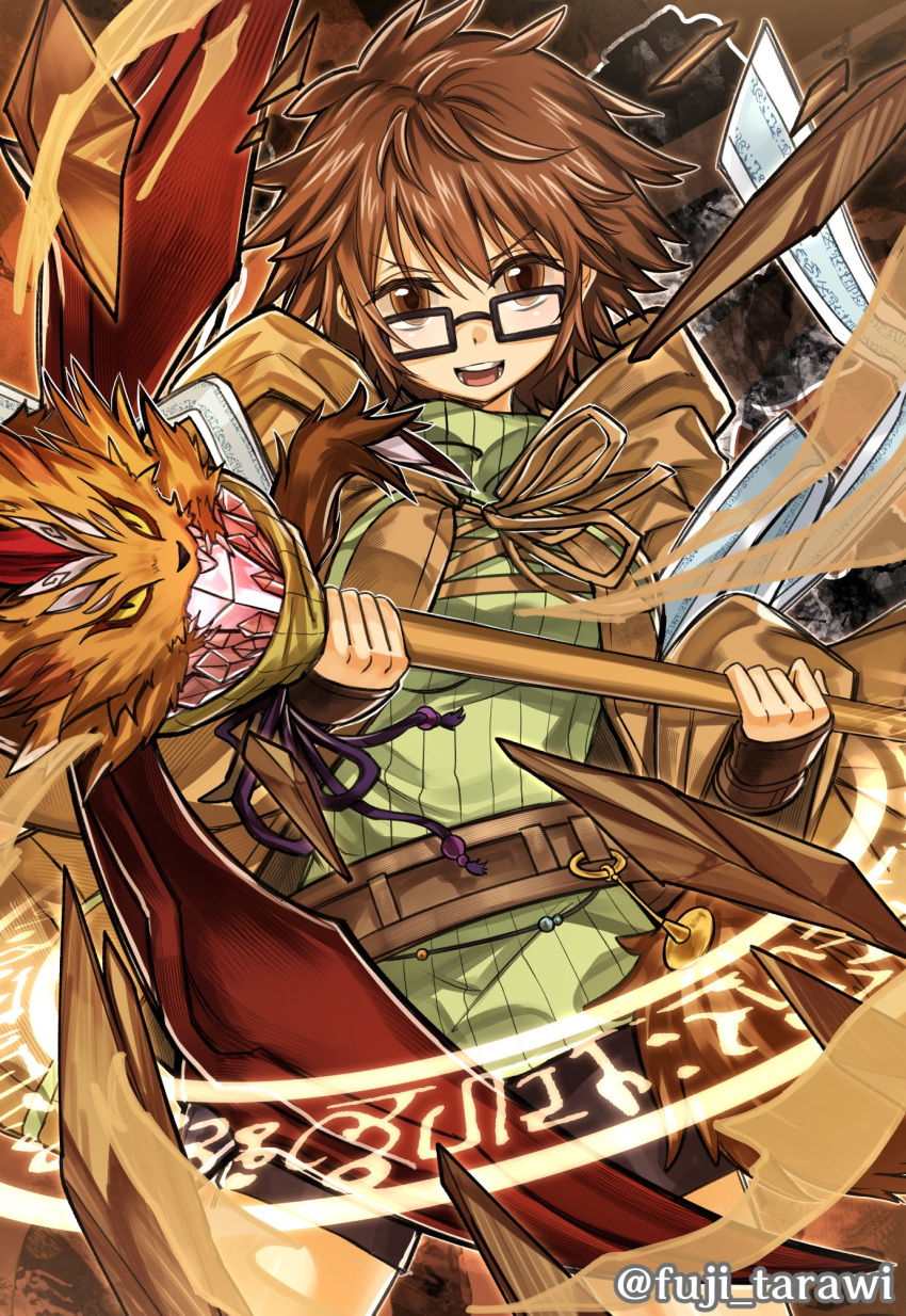 1girl archfiend_marmot_of_nefariousness aussa belt breasts brown_eyes brown_hair brown_robe cowboy_shot duel_monster eyebrows_visible_through_hair fuji_tarawi glasses green_sweater hair_between_eyes highres holding holding_staff hooded_robe horns magic_circle open_mouth pom_pom_(clothes) ribbed_sweater short_hair shorts single_horn staff sweater turtleneck turtleneck_sweater twitter_username wings yellow_eyes yu-gi-oh!