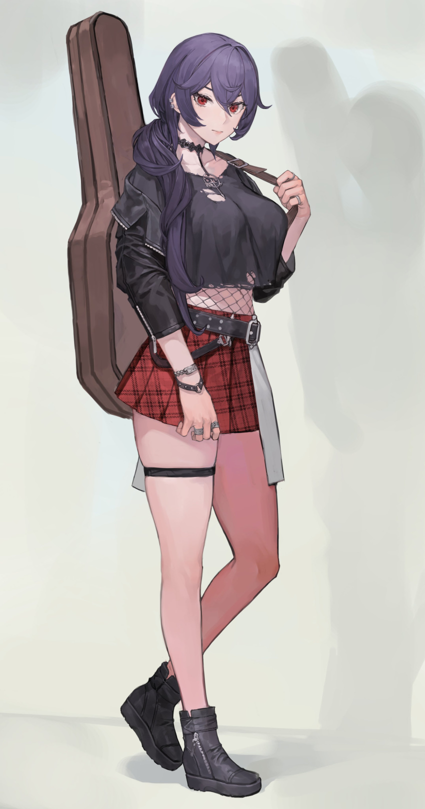 1girl absurdres ankle_boots bangs boots choker controlline3 earrings guitar_case highres instrument_case jewelry last_origin purple_hair red_eyes red_skirt skirt solo thigh_strap veronica_type-asc