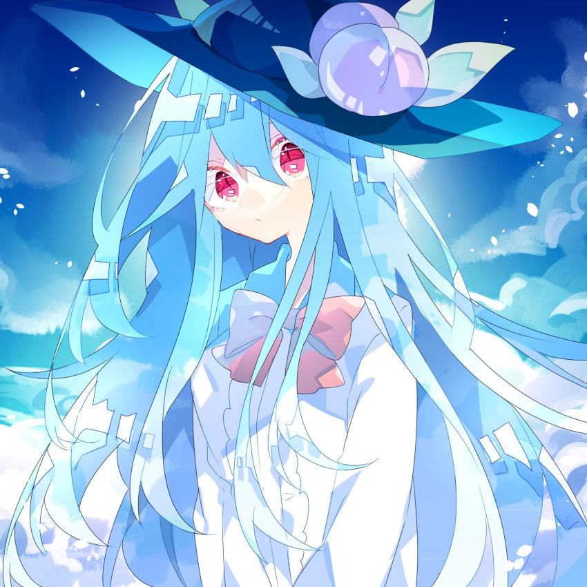 1girl :/ black_headwear blue_hair bow bowtie center_frills closed_mouth clouds day food frills fruit hair_between_eyes hat hat_ornament highres hinanawi_tenshi long_hair long_sleeves nikorashi-ka outdoors peach red_eyes red_neckwear shirt sky solo touhou upper_body very_long_hair white_shirt