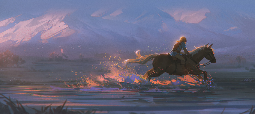 1boy alzi_xiaomi animal artist_name blonde_hair blue_shirt boots commentary_request facing_away highres horse horseback_riding link male_focus medium_hair mountain multiple_sources outdoors pants pointy_ears ponytail riding ripples shield shirt solo splashing sword the_legend_of_zelda the_legend_of_zelda:_breath_of_the_wild water weapon