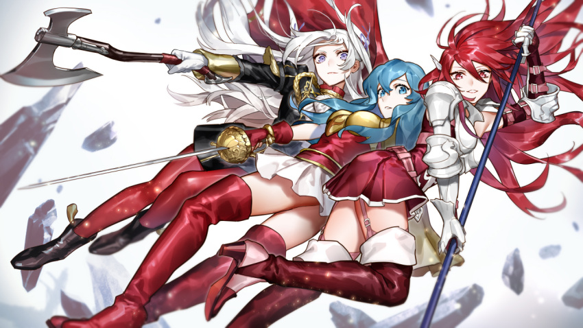 axe blue_hair boots caeda_(fire_emblem) fire_emblem fire_emblem:_mystery_of_the_emblem fire_emblem:_three_houses fire_emblem_awakening garreg_mach_monastery_uniform garter_straps hair_ribbon long_hair looking_at_viewer midair nakapipo pantyhose polearm rapier red_footwear red_legwear redhead ribbon silver_hair skirt spear sword thigh-highs thigh_boots weapon