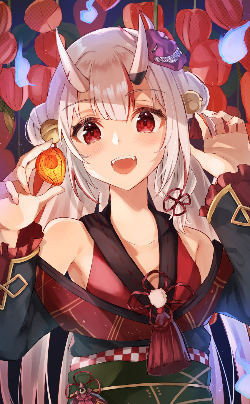 :d absurdres armpits bare_shoulders bell black_kimono double_bun fangs frilled_sleeves frills hair_bell hair_ornament haru_yu highres hololive horns japanese_clothes jingle_bell kimono long_hair long_sleeves multicolored_hair nail_polish nakiri_ayame obi obiage obijime off-shoulder_kimono oni oni_horns open_mouth red_eyes redhead sash silver_hair simple_background smile streaked_hair upper_teeth virtual_youtuber
