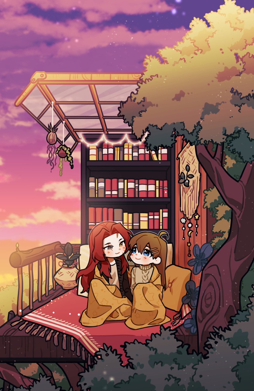 2girls ahoge blanket blue_eyes book bookshelf brown_hair closed_mouth dusk gebura_(lobotomy_corporation) hair_ornament hairclip highres hod_(lobotomy_corporation) lobotom_ram lobotomy_corporation long_hair long_sleeves multiple_girls plant redhead scar scar_across_eye sky smile sweater tree turtleneck turtleneck_sweater