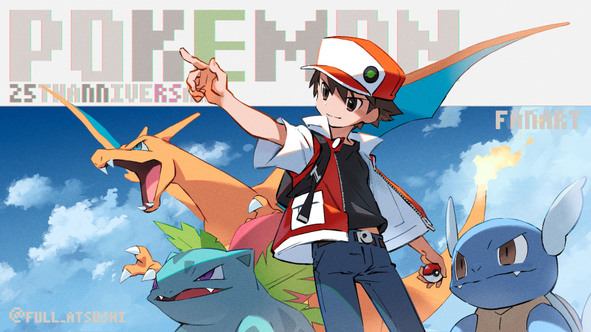 1boy anniversary badge bangs baseball_cap belt black_shirt blanco026 brown_eyes brown_hair charizard closed_mouth clouds commentary_request copyright_name fire flame gen_1_pokemon hat highres holding holding_poke_ball ivysaur jacket male_focus pants pointing poke_ball poke_ball_(basic) pokemon pokemon_(creature) pokemon_(game) pokemon_rgby red_(pokemon) shirt sky wartortle