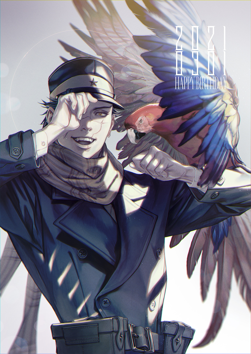 1boy :d animal_on_arm belt_pouch bird bird_on_arm clenched_hand dated golden_kamuy hand_up happy_birthday hat highres long_sleeves male_focus open_mouth parrot pouch scar scar_on_face scar_on_nose scarf smile sugimoto_saichi w55674570w