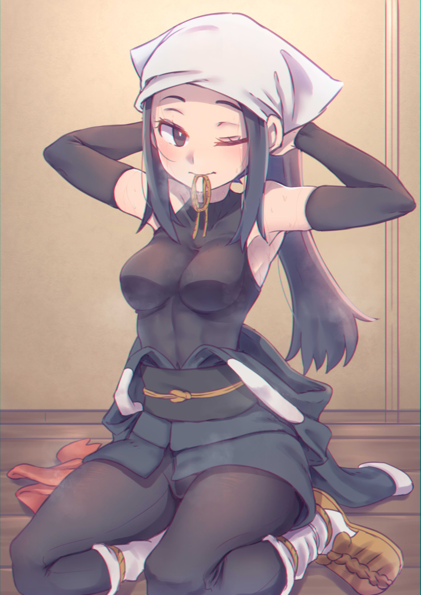 1girl absurdres adjusting_hair armpits black_hair breath clothes_around_waist detached_sleeves female_protagonist_(pokemon_legends:_arceus) head_scarf highres japanese_clothes kimono mouth_hold pokemon pokemon_(game) pokemon_legends:_arceus ponytail red_scarf rope sandals scarf scarf_removed socks solo sweat togin undershirt