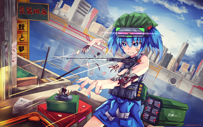 1girl adapted_costume bandaid bandaid_on_face bangs bare_shoulders blue_eyes blue_hair blue_nails bright_pupils building cityscape clouds cyberpunk cyborg day dutch_angle electricity feet_out_of_frame glint green_headwear hair_between_eyes hair_bobbles hair_ornament hakurei_fling hat highres kawashiro_nitori looking_ahead nail_polish outdoors parted_lips reflection rocket_launcher serious short_hair sky skyscraper solo standing touhou two_side_up v-shaped_eyebrows water weapon