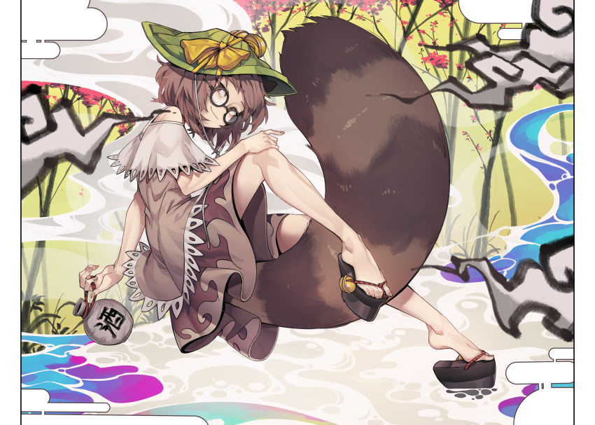 1girl :3 absurdres alcohol animal_ears bell black-framed_eyewear bottle bow brown_eyes brown_hair closed_mouth commentary_request full_body futatsuiwa_mamizou glasses hand_on_own_knee hat highres huge_filesize jingle_bell korean_commentary large_tail leaf leaf_on_head looking_to_the_side nyong_nyong okobo plantar_flexion platform_footwear raccoon_ears raccoon_girl raccoon_tail round_eyewear short_hair sideways_glance skirt smile smoke solo tail tanuki tokkuri touhou whorled_clouds