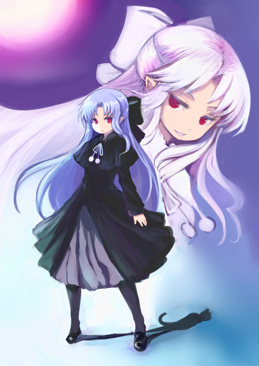 2girls black_bow black_capelet black_cat black_dress black_footwear blue_hair bow capelet cat commentary_request different_shadow dress dual_persona flat_chest full_moon gothic_lolita grey_legwear hair_bow highres johan_(johan13) len_(tsukihime) lolita_fashion long_hair mary_janes melty_blood moon multiple_girls pointy_ears red_eyes ringed_eyes shoes solo_focus standing tsukihime white_bow white_capelet white_dress white_hair white_len_(tsukihime)