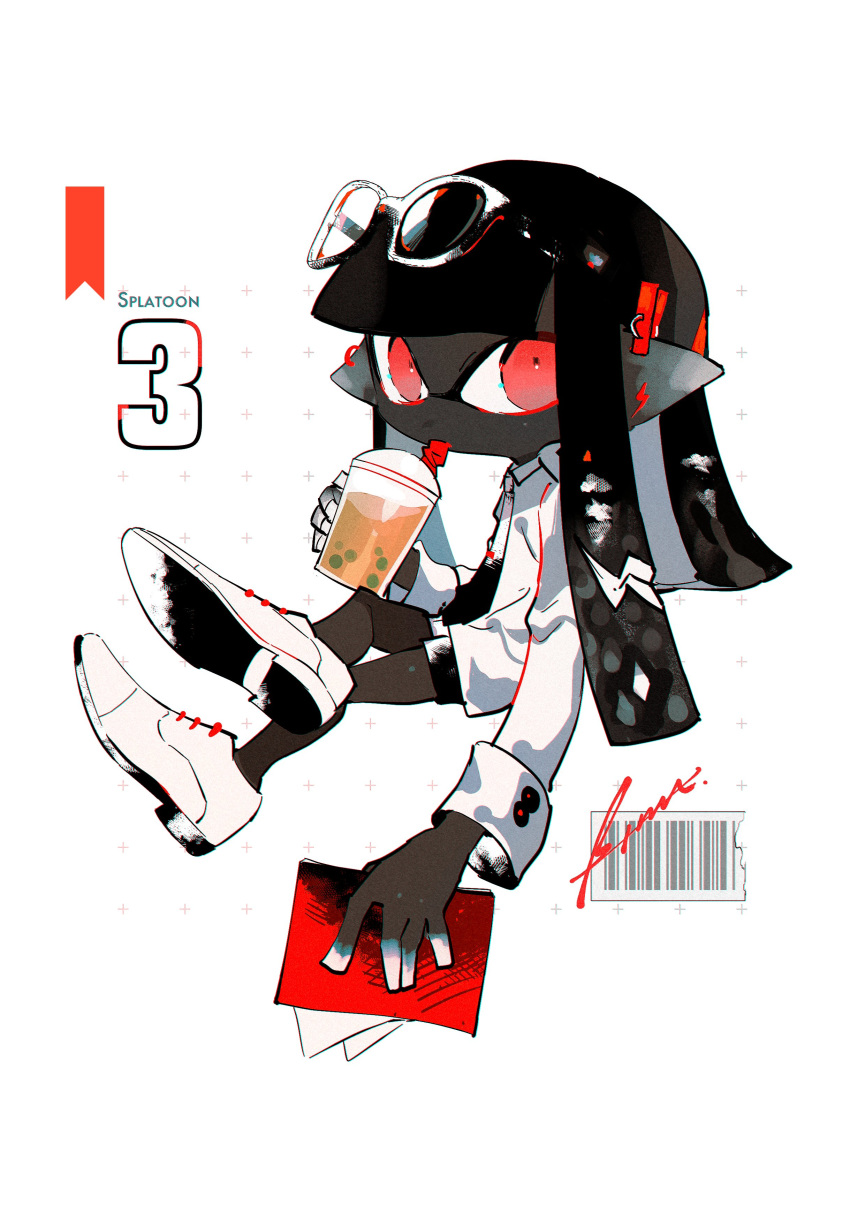 1girl absurdres bangs barcode black_hair black_shorts btmr_game copyright_name cup dark_skin dark-skinned_female disposable_cup domino_mask drinking_straw eyebrows_visible_through_hair hair_ornament hairclip highres holding holding_cup inkling long_hair long_sleeves mask pointy_ears red_eyes shirt shorts signature simple_background splatoon_(series) splatoon_3 sunglasses tentacle_hair white_background white_legwear white_shirt