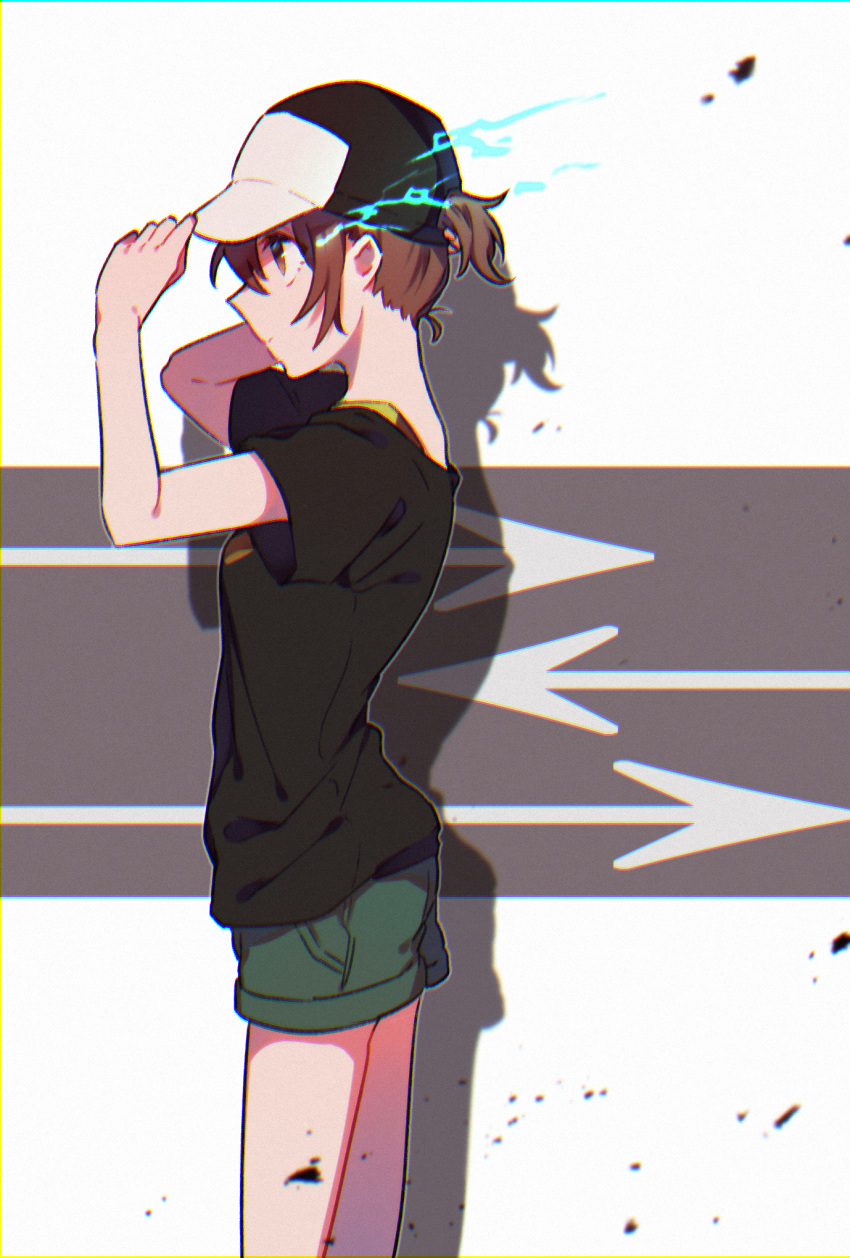 1girl bangs baseball_cap black_shirt brown_eyes brown_hair closed_mouth from_side green_shorts hair_between_eyes hat highres mashu_(masyu_ut) misaka_mikoto profile shadow shirt short_hair short_ponytail short_shorts short_sleeves shorts solo standing t-shirt toaru_kagaku_no_railgun toaru_majutsu_no_index white_background