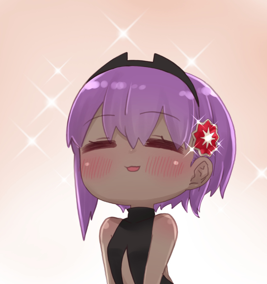 1girl =_= bangs bare_shoulders black_bodysuit blush bodysuit brown_background chibi closed_eyes dark_skin dark-skinned_female eyebrows_visible_through_hair facing_viewer fate/prototype fate/prototype:_fragments_of_blue_and_silver fate_(series) glint gradient gradient_background hair_between_eyes hassan_of_serenity_(fate) i.u.y purple_hair smile solo sparkle upper_body white_background