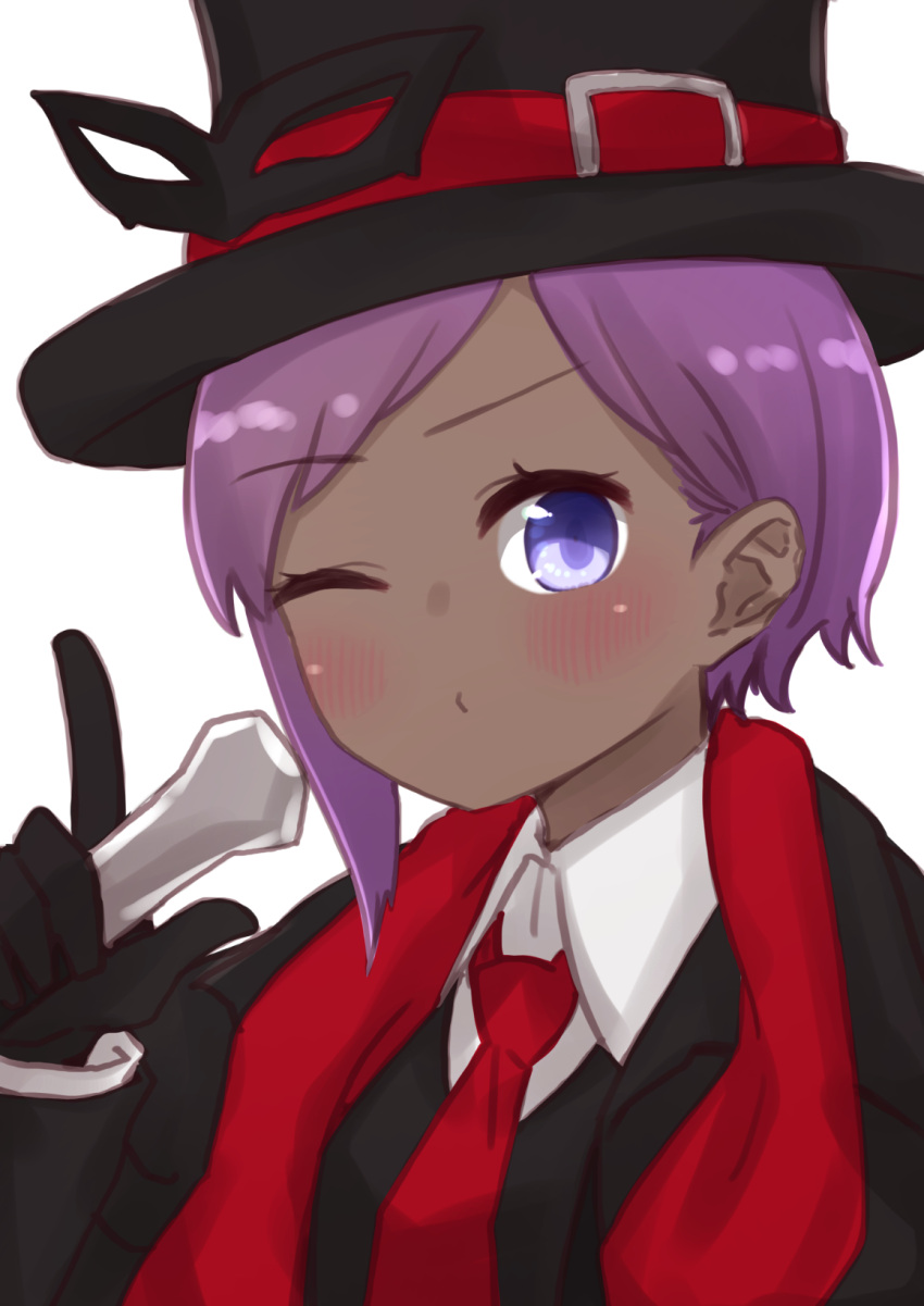 1girl bangs black_gloves black_headwear black_jacket black_vest blush closed_mouth collared_shirt dark_skin dark-skinned_female fate/prototype fate/prototype:_fragments_of_blue_and_silver fate_(series) gloves hand_up hassan_of_serenity_(fate) hat highres holding i.u.y index_finger_raised jacket long_sleeves looking_at_viewer necktie one_eye_closed open_clothes open_jacket purple_hair red_neckwear shirt simple_background solo swept_bangs top_hat upper_body vest violet_eyes white_background white_shirt