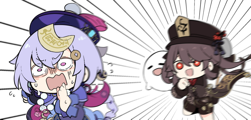 bead_necklace beads braid braided_ponytail brown_hair chasing chibi creepy_himecchi fleeing genshin_impact ghost hat highres hu_tao jewelry jiangshi long_sleeves motion_lines necklace open_mouth purple_hair qiqi_(genshin_impact) red_eyes scared smile sweatdrop twintails violet_eyes wavy_mouth wide-eyed
