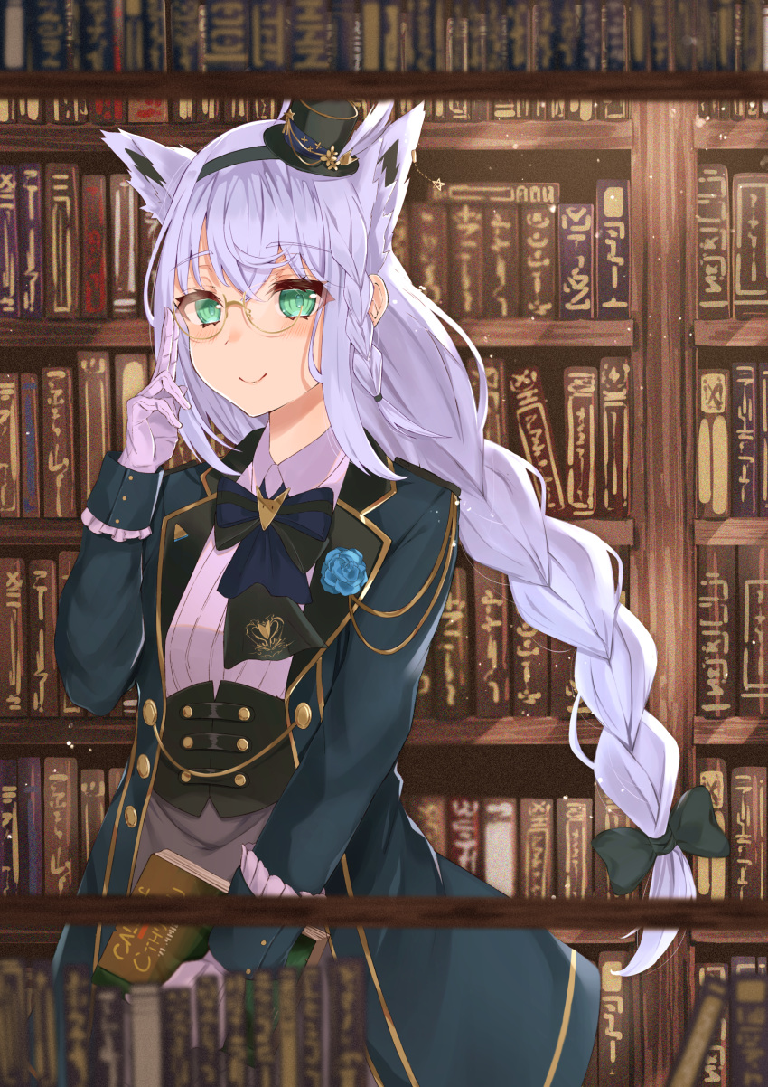 1girl absurdres adjusting_eyewear animal_ear_fluff animal_ears bangs black_hairband black_headwear blue_jacket blue_neckwear blush bow bowtie braid closed_mouth collared_shirt cowboy_shot eyebrows_visible_through_hair fox_ears fox_girl glasses gloves green_eyes grey_hair hair_between_eyes hairband haru_yu hat highres hololive huge_filesize jacket library long_braid long_jacket mini_hat mini_top_hat semi-rimless_eyewear shirakami_fubuki shirt side_braid silver_hair smile solo steampunk top_hat underbust virtual_youtuber white_gloves white_shirt yellow-framed_eyewear