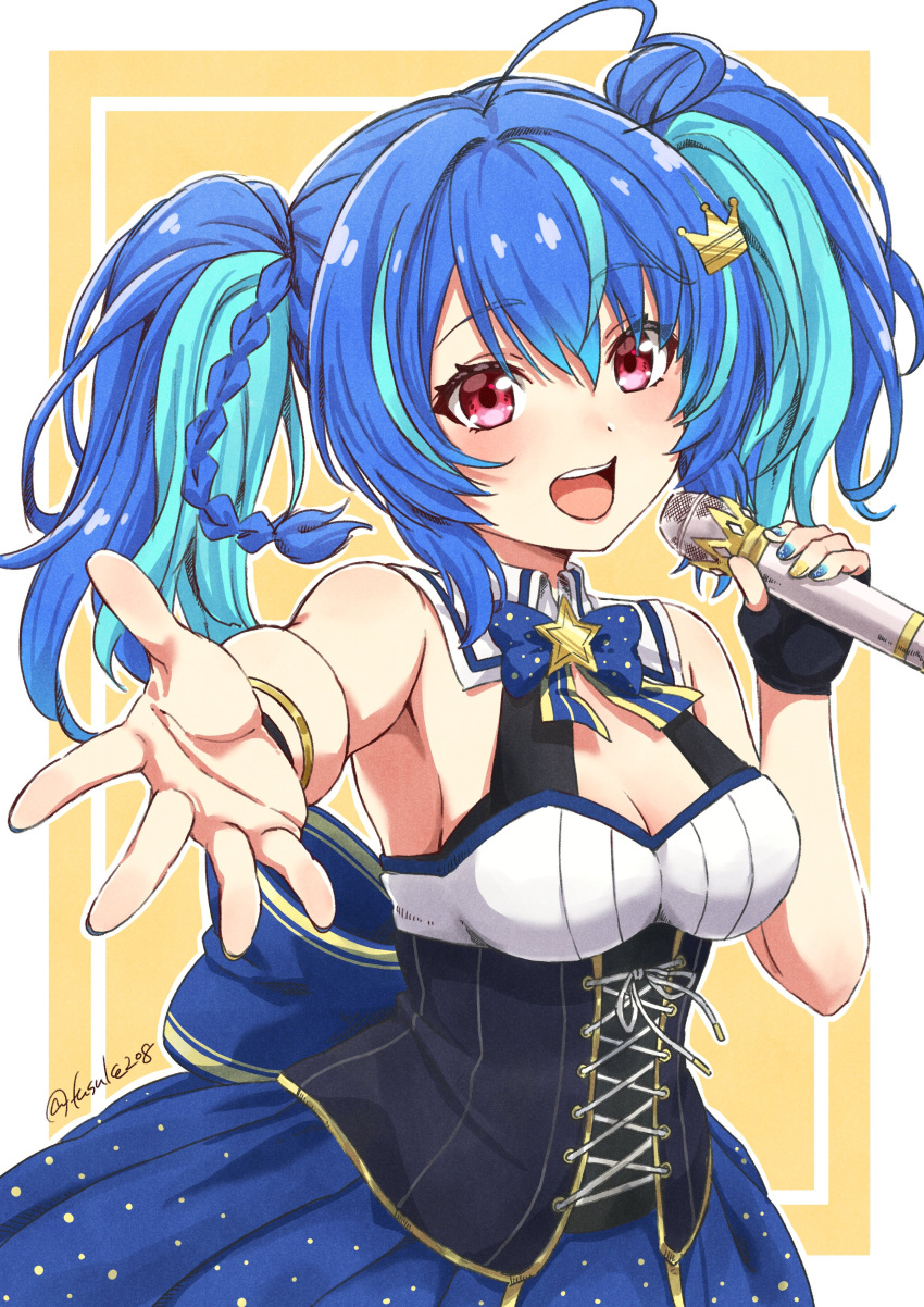 1girl absurdres ahoge bangs blue_dress blue_hair blue_neckwear blush bow bowtie braid breasts cowboy_shot crown dress fuusuke_(fusuke208) hair_between_eyes hair_ornament hairpin heart_ahoge highres holding holding_microphone hoshino_mea idol light_blue_hair looking_at_viewer medium_breasts microphone multicolored_hair music open_mouth outstretched_hand red_eyes simple_background singing sleeveless smile solo twintails twitter_username two-tone_hair virtual_youtuber yellow_background yumemizaka_gakuin