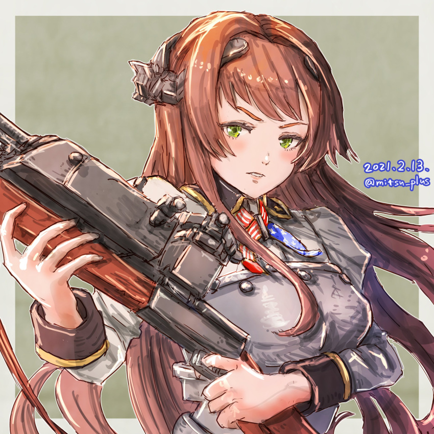 1girl absurdres american_flag armor bangs blunt_bangs breastplate brown_hair browning_auto_5 dated green_eyes gun headgear helena_(kancolle) highres holding holding_gun holding_weapon kantai_collection long_hair looking_at_viewer military military_uniform mitsu_plus neck_ribbon ribbon rifle solo twitter_username uniform upper_body weapon