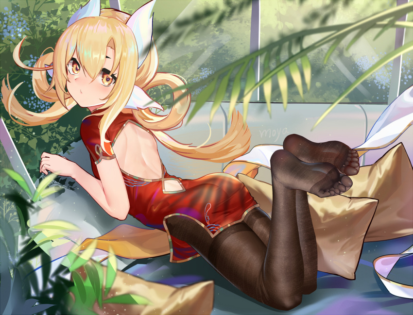 1girl animal_ears back_cutout bangs black_legwear blonde_hair china_dress chinese_clothes clothing_cutout commentary_request couch cushion day dress feet hair_rings highres leg_up long_hair looking_at_viewer looking_back lying moyamoya_(moya11158375) no_shoes on_couch on_stomach original pantyhose plant potted_plant red_dress signature soles solo the_pose toes tree twintails window yellow_eyes