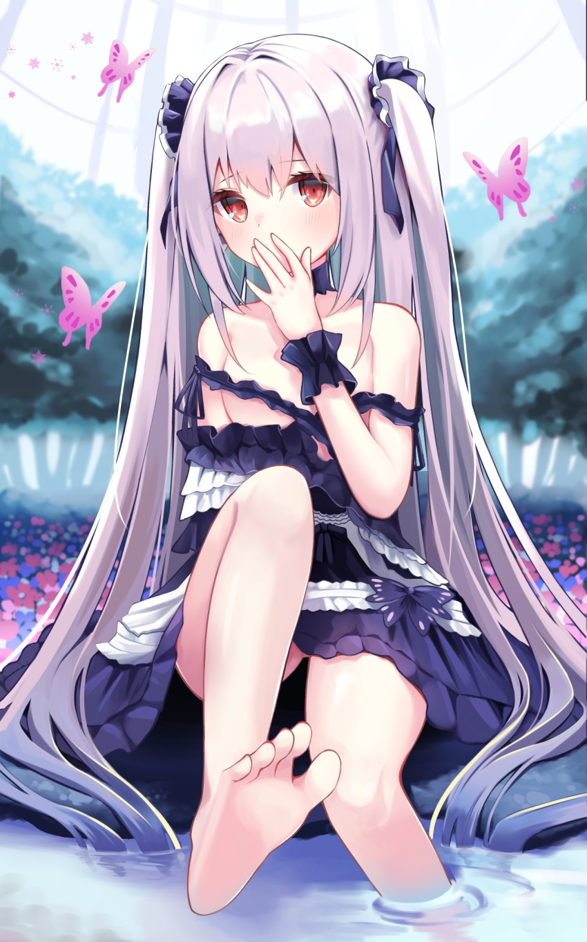 1girl bangs bare_legs bare_shoulders barefoot blush bug butterfly choker commentary_request covering_mouth day dress eyebrows_visible_through_hair feet feet_up field flower flower_field frilled_dress frills gothic_lolita hand_over_own_mouth highres hololive insect light_purple_hair lolita_fashion long_hair looking_at_viewer off-shoulder_dress off_shoulder outdoors pink_butterfly purple_dress red_eyes sidelocks sitting soaking_feet solo toes tree two_side_up uruha_rushia very_long_hair virtual_youtuber water wristband yuzuno_kaori