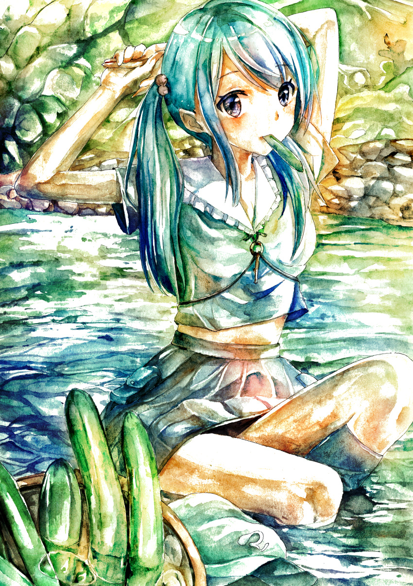 1girl absurdres alternate_hair_length alternate_hairstyle arms_up blue_eyes blue_hair breasts collarbone cucumber day frilled_shirt_collar frills hair_bobbles hair_ornament highres huge_filesize kamu_kotan kawashiro_nitori key long_hair looking_at_viewer no_hat no_headwear outdoors partially_submerged sitting small_breasts solo stretch touhou traditional_media twintails water watercolor_(medium)