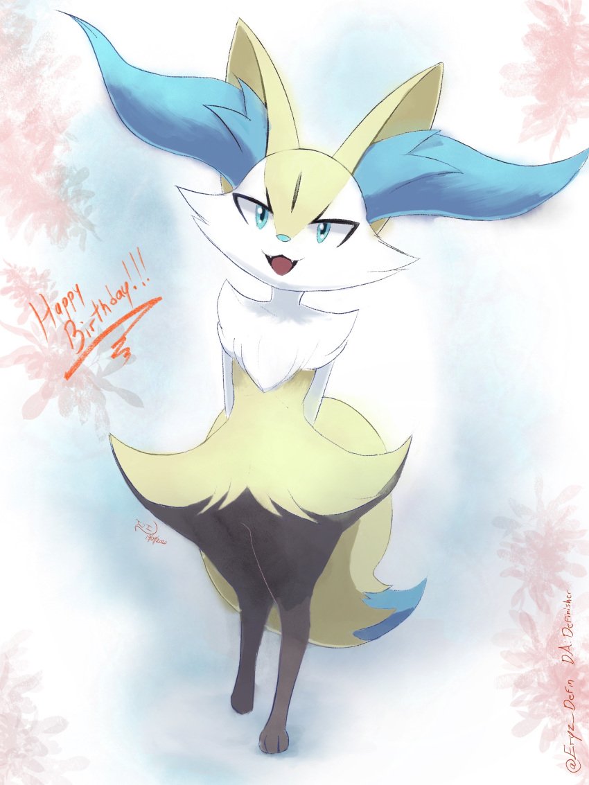 1girl :3 absurdres alternate_shiny_pokemon animal_ear_fluff animal_ears animal_nose arms_behind_back artist_name black_fur blue_background blue_eyes body_fur braixen commentary dated deviantart_username english_commentary english_text eryz fangs flat_chest fox_ears fox_girl fox_tail full_body furry gen_6_pokemon happy happy_birthday head_tilt highres jpeg_artifacts open_mouth paws pokemon pokemon_(creature) signature smile solo standing tail twitter_username white_fur yellow_fur