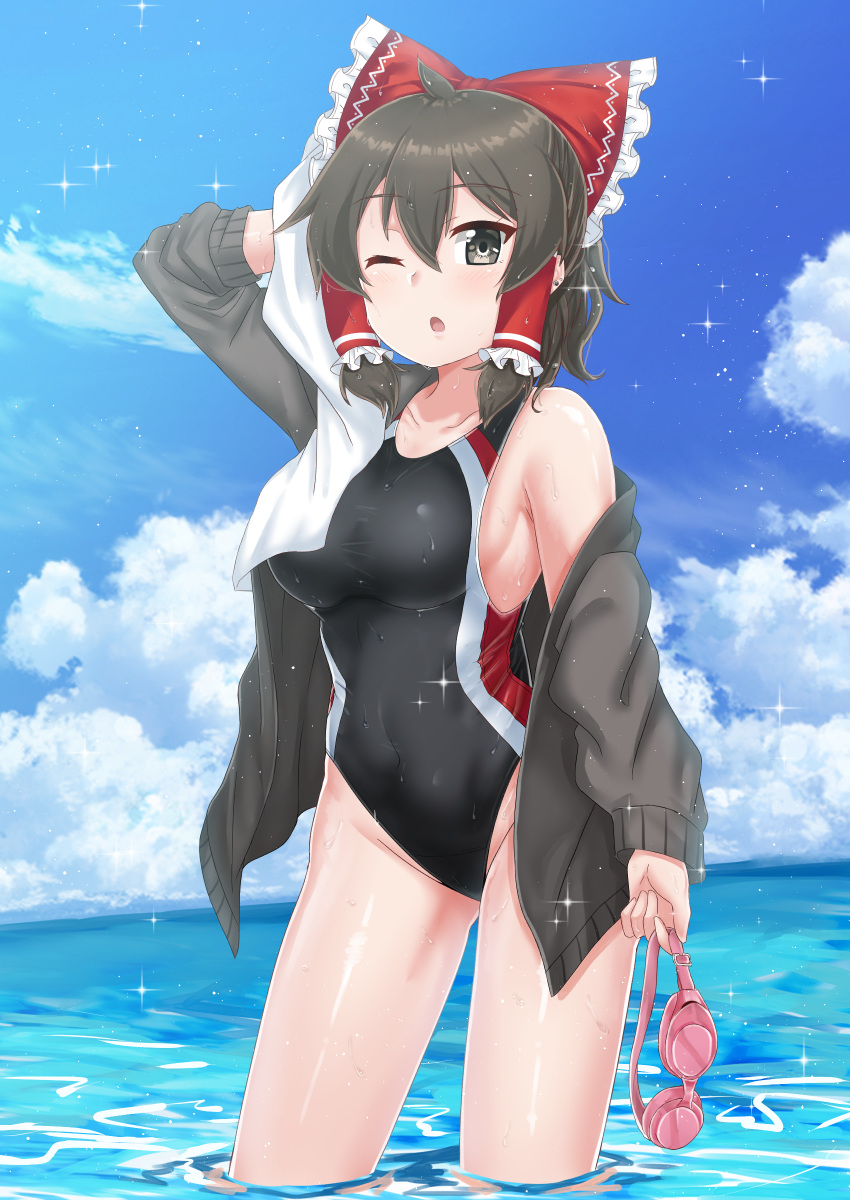 1girl :o absurdres alternate_costume bangs black_eyes black_hoodie black_swimsuit blue_sky blush bow breasts brown_hair clouds commentary_request cookie_(touhou) covered_navel cowboy_shot day eyebrows_visible_through_hair frilled_bow frills gnzy goggles hair_between_eyes hair_bow hair_tubes hakurei_reimu highres holding holding_goggles holding_towel hood hoodie looking_at_viewer maru_(cookie) medium_breasts one-piece_swimsuit one_eye_closed open_mouth outdoors partially_submerged red_bow short_hair sky solo sparkle standing swimsuit touhou towel water