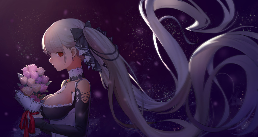 1girl absurdres azur_lane black_dress black_ribbon bouquet breasts closed_mouth dress earrings eyebrows_visible_through_hair flower formidable_(azur_lane) hair_ribbon highres holding holding_bouquet jewelry jiantai large_breasts long_hair looking_at_viewer maid platinum_blonde_hair profile red_eyes ribbon sky solo star_(sky) starry_background starry_sky very_long_hair