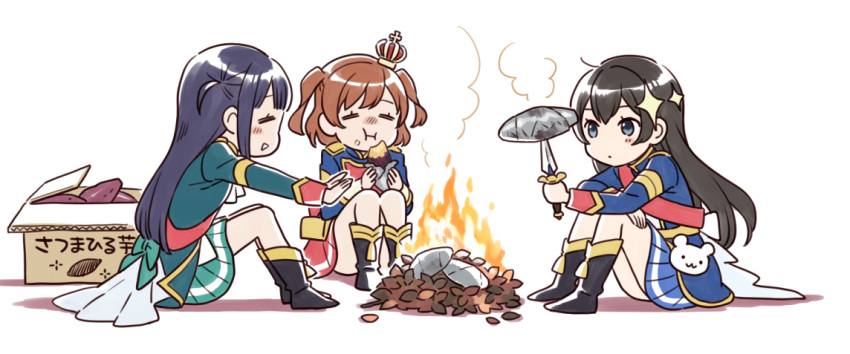 3girls :i =_= aijou_karen ankle_boots aqua_jacket back_bow bangs belt black_footwear black_hair blue_eyes blue_jacket blue_skirt blush bonfire boots bow box brown_hair chewing closed_eyes closed_mouth commentary_request cooking crown dagger dot_mouth eating epaulettes facing_another fire food food_bite food_on_face gold_trim green_bow green_jacket hair_ornament hand_on_own_knee hands_up holding holding_dagger holding_food holding_weapon itooooofu8282 jacket kagura_hikari knees_up knife leaf leaf_pile long_hair long_sleeves looking_at_food looking_at_object mini_crown miniskirt multiple_girls nose_blush open_box outstretched_arms parted_lips pleated_skirt profile purple_hair red_sash red_skirt roasting sash shiny shiny_hair short_hair shoujo_kageki_revue_starlight sidelocks simple_background single_stripe sitting skirt smile smoke sparkle_hair_ornament striped striped_skirt stuffed_animal stuffed_toy sweet_potato tassel teddy_bear tilted_headwear translation_request tsuyuzaki_mahiru two_side_up very_long_hair waist_cape warming_hands weapon white_background yakiimo yellow_belt