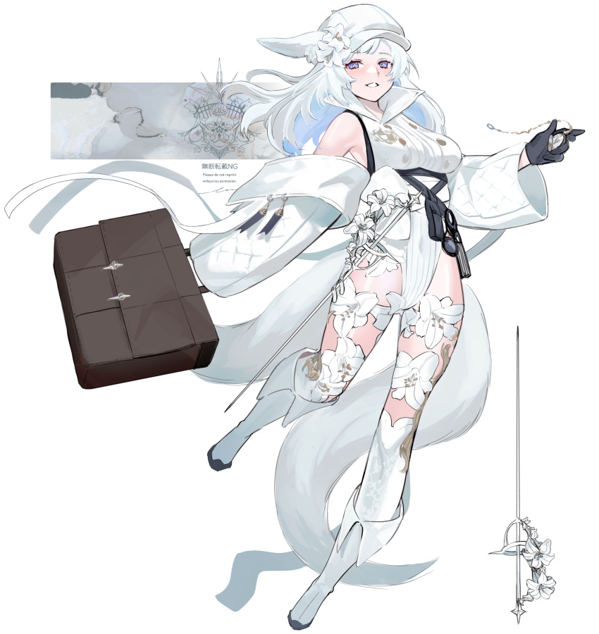 1girl absurdres animal_ears bangs bare_shoulders black_gloves blush boots breasts collar collared_shirt commentary_request detached_sleeves floral_print flower full_body gloves highres holding holding_suitcase long_hair long_sleeves looking_at_viewer original parted_lips rapier repost_notice shio_(oxstl) shirt simple_background smile solo suitcase sword tail thigh-highs translation_request violet_eyes watch weapon white_background white_flower white_footwear white_hair white_headwear white_legwear white_shirt wide_sleeves