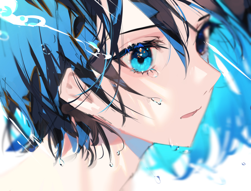 1other ambiguous_gender blue_eyes blue_hair blurry blurry_foreground close-up crying crying_with_eyes_open eyelashes highres looking_at_viewer original parted_lips portrait short_hair simple_background tears water_drop white_background zumi_(neronero126)