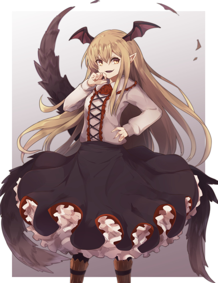 1girl bat_wings black_legwear black_skirt blonde_hair boots brown_footwear collared_shirt commentary_request cross-laced_clothes eyebrows_visible_through_hair frilled_skirt frills granblue_fantasy hair_between_eyes head_wings highres long_hair long_sleeves looking_at_viewer pointy_ears red_eyes shingeki_no_bahamut shirt skirt smile smug solo vampy white_background wings yonaga