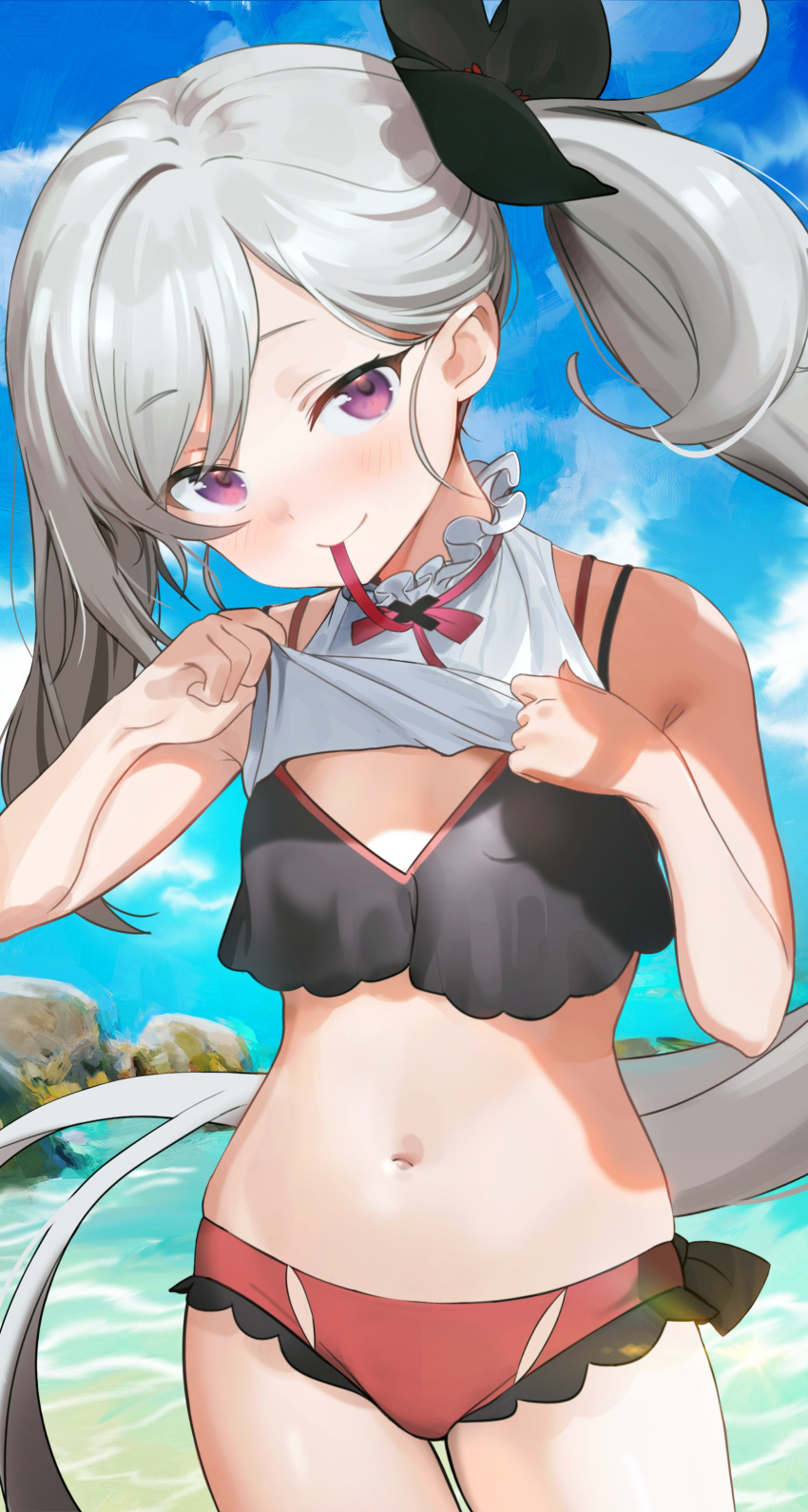 1girl absurdres bare_arms bare_shoulders bikini black_bikini blue_archive breasts cowboy_shot crop_top grey_hair hair_ribbon highres lifted_by_self long_hair looking_at_viewer medium_breasts mouth_hold mutsuki_(blue_archive) navel outdoors ribbon seicoh shirt shirt_lift side_ponytail sleeveless sleeveless_shirt smile solo stomach swimsuit very_long_hair violet_eyes white_shirt