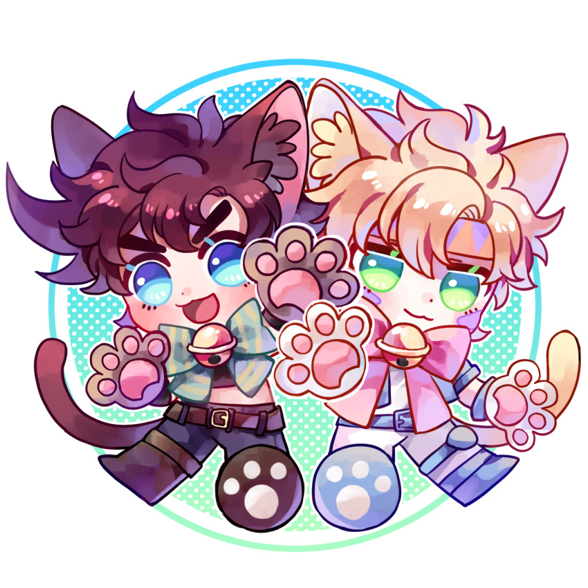 2boys :3 animal_ear_fluff animal_ears battle_tendency bell belt blonde_hair blue_eyes blue_footwear blue_jacket bow bowtie brown_footwear brown_hair caesar_anthonio_zeppeli cat_boy cat_ears cat_paws cat_tail chibi circle closed_mouth crop_top denim dot_nose facial_mark green_bow green_eyes half-closed_eyes headband highres jacket jeans jingle_bell jojo_no_kimyou_na_bouken joseph_joestar_(young) kemonomimi_mode knee_pads looking_at_viewer male_focus multiple_boys multiple_sources neck_bell open_mouth pants paw_shoes paws pink_bow shirt shoes short_hair side-by-side sky_kiki smile striped striped_bow tail white_pants white_shirt