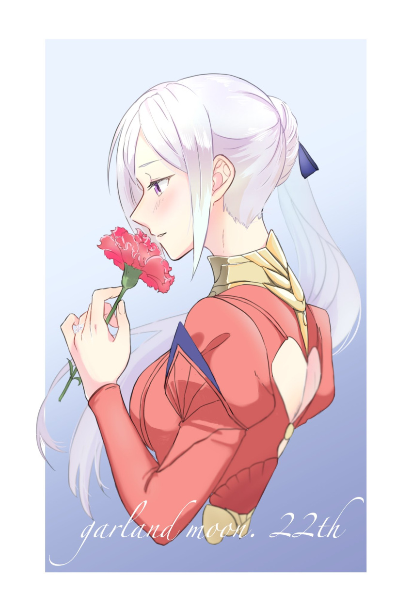 1girl back_cutout blue_background blue_ribbon blush clothing_cutout collared_dress commentary_request dress edelgard_von_hresvelg english_text fire_emblem fire_emblem:_three_houses flower framed from_side gradient gradient_background hair_ribbon highres holding holding_flower jewelry long_sleeves looking_away parted_lips puffy_long_sleeves puffy_sleeves red_dress red_flower ribbon ring riromomo side_ponytail sidelocks simple_background smelling_flower smile solo sparkle upper_body violet_eyes white_hair yuri