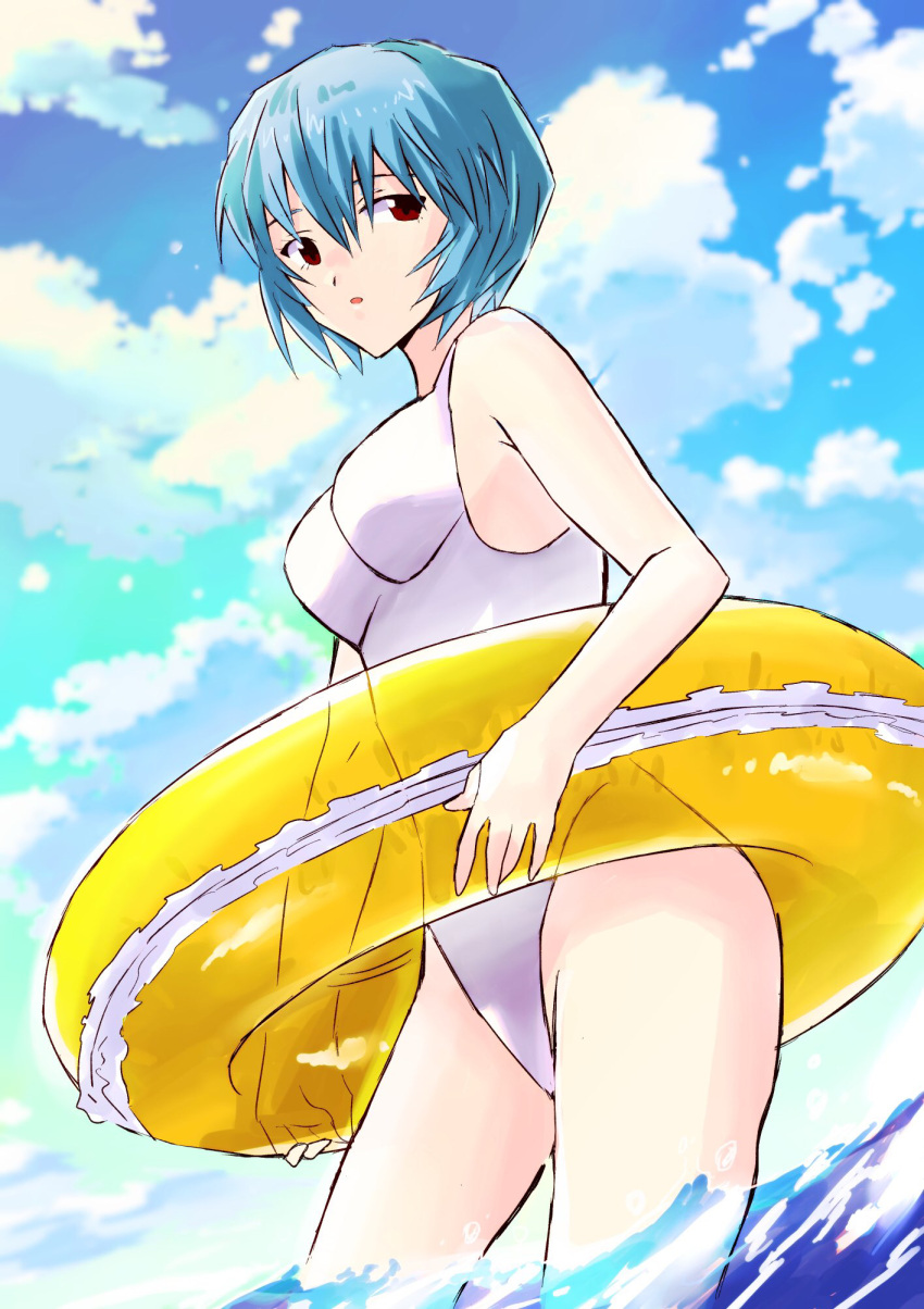 1girl ayanami_rei blue_hair blue_sky clouds commentary hair_between_eyes highres holding holding_innertube innertube looking_at_viewer nago_0313 neon_genesis_evangelion ocean one-piece_swimsuit red_eyes short_hair sky solo swimsuit wading white_swimsuit