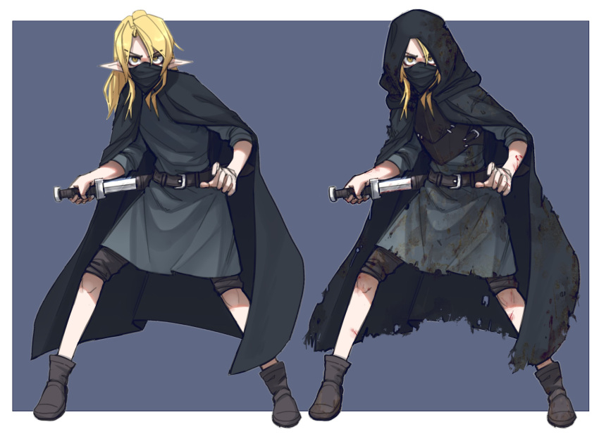 1girl belt black_robe blonde_hair border brown_belt brown_footwear cloak commission dirty dirty_clothes drawing_sword english_commentary eyebrows_visible_through_hair grey_cloak highres holding hood hood_up hooded_robe legs_apart long_hair looking_at_viewer mask mouth_mask multiple_views original pointy_ears ponytail popopoka robe shoes standing sword torn_cloak torn_clothes torn_robe v-shaped_eyebrows weapon white_border