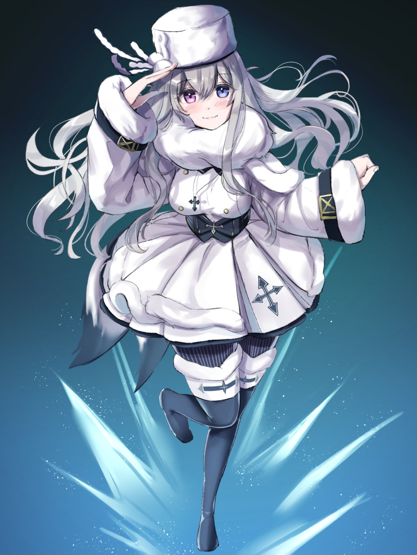 1girl azur_lane bangs black_footwear black_legwear blue_background blue_eyes blush boots breasts clenched_hand closed_mouth coat coat_dress commentary cross cross_necklace dress eyebrows_visible_through_hair full_body fur-trimmed_collar fur-trimmed_dress fur-trimmed_sleeves fur_trim gradient gradient_background hair_between_eyes hand_up hat heterochromia highres jewelry large_breasts long_hair looking_at_viewer marumai murmansk_(azur_lane) necklace pantyhose papakha salute sidelocks simple_background smile solo standing standing_on_one_leg thigh-highs thigh_boots violet_eyes white_dress white_headwear