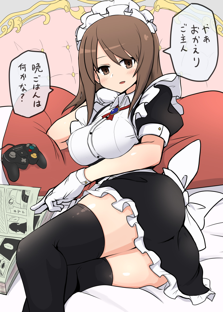 1girl absurdres alternate_costume alternate_headwear apron back_bow bangs bed_sheet black_dress black_legwear border bow breasts brooch brown_eyes brown_hair collared_dress commentary dress enmaided frilled_dress frills gamecube_controller girls_und_panzer gloves highres jewelry kumo_(atm) large_breasts legs long_hair looking_at_viewer lying maid maid_apron manga_(object) mika_(girls_und_panzer) neck_ribbon on_bed on_side parted_lips pillow puffy_short_sleeves puffy_sleeves red_neckwear ribbon short_dress short_sleeves smile solo thigh-highs translated white_apron white_border white_gloves wing_collar