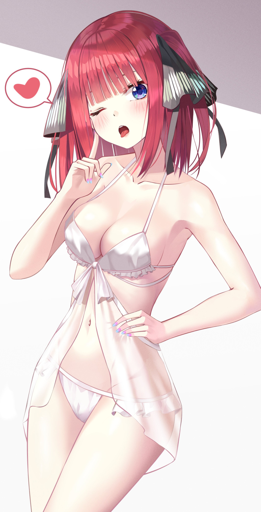 1girl absurdres bangs bare_shoulders black_ribbon blue_nails blunt_bangs blush bra breasts butterfly_hair_ornament frilled_bra frills go-toubun_no_hanayome groin hair_ornament hand_up heart highres kanzi looking_at_viewer medium_breasts nail_polish nakano_nino navel one_eye_closed open_mouth pink_hair pink_nails ribbon see-through solo spoken_heart thighs tongue tongue_out underwear underwear_only white_bra