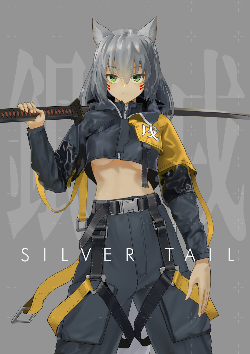 animal_ears baggy_pants belt breasts buckle cargo_pants crop_top facial_tattoo furukawa_herzer green_eyes highres jacket medium_hair midriff original over_shoulder pants silver_hair strap sword sword_over_shoulder tattoo under_boob weapon weapon_over_shoulder wolf_ears wolf_girl