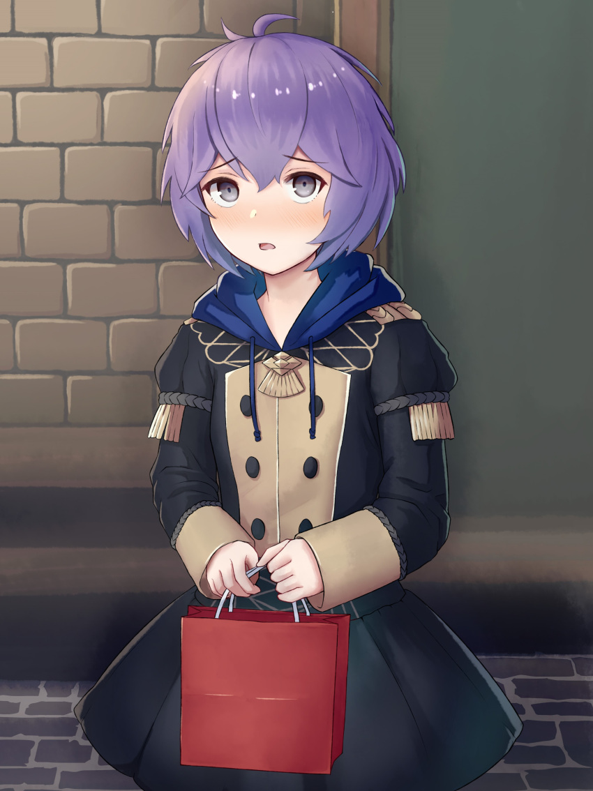 1girl absurdres bag bangs bernadetta_von_varley blush fire_emblem fire_emblem:_three_houses garreg_mach_monastery_uniform grey_eyes handbag highres holding holding_bag hood hoodie indoors kaerukeroro1 long_sleeves open_mouth plastic_bag purple_hair shopping_bag short_hair skirt solo standing upper_body