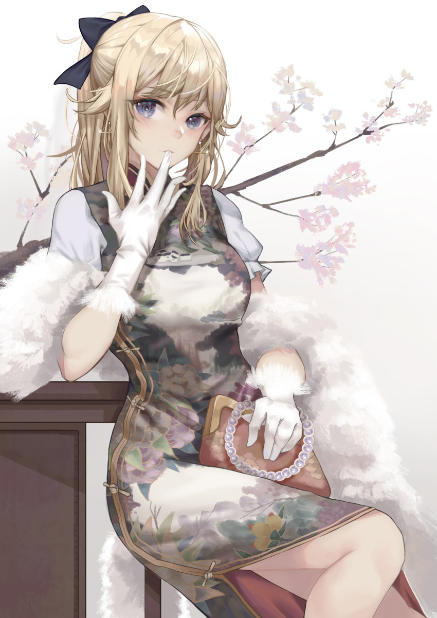 1girl absurdres black_bow blonde_hair blue_eyes bow cgd-orange cherry_blossoms china_dress chinese_clothes commentary_request cross cross_earrings dress earrings floral_print fur-trimmed_dress fur_trim genshin_impact gloves hair_bow highres jean_gunnhildr_(genshin_impact) jewelry looking_at_viewer ponytail print_dress short_hair short_sleeves sitting solo wallet white_gloves