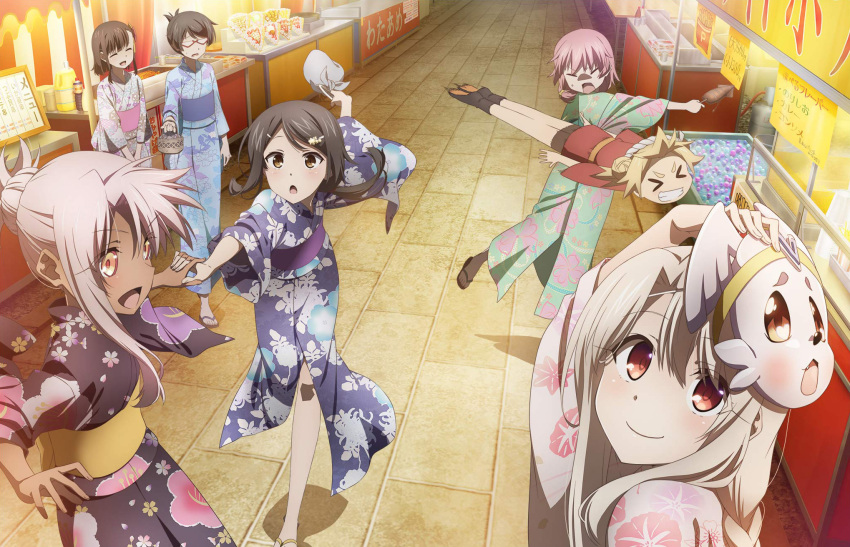 &gt;_&lt; 6+girls :d arm_up bangs black_hair black_kimono blonde_hair blue_kimono braid brown_hair chloe_von_einzbern closed_eyes closed_mouth dark_skin dark-skinned_female fate/kaleid_liner_prisma_illya fate_(series) festival floating_hair floral_print food from_above front_slit gakumazawa_tatsuko glasses green_kimono grin hair_between_eyes hair_ornament hairclip highres holding holding_food illyasviel_von_einzbern interlocked_fingers japanese_clothes katsura_mimi kimono kurihara_suzuka long_hair long_sleeves mask mask_on_head miyu_edelfelt moriyama_nanaki multiple_girls obi open_mouth outdoors outstretched_arms pink_hair ponytail print_kimono red_eyes running sash shiny shiny_hair short_hair silver_hair single_braid smile tied_hair v-shaped_eyebrows very_long_hair yukata